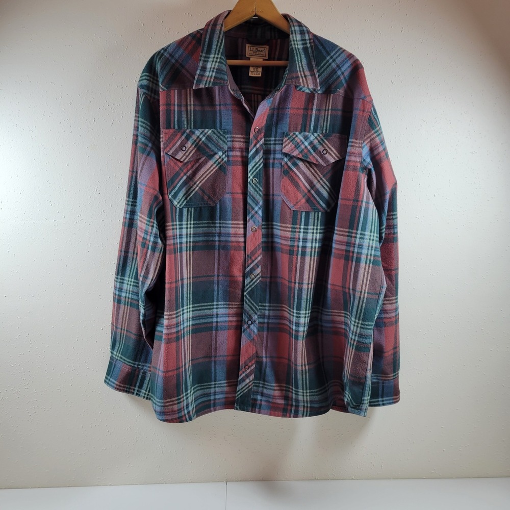 Vintage L.L. Bean Flannel Shirt Men XL Red Plaid Excellent Snap Front Wool Blend